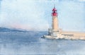 Hand drawn watercolor sketch of Lighthouse of Saint-Tropez