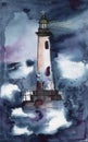 Hand drawn watercolor sketch with white lighthouse on the island. Night time. Natigation building. Stormy weather. Sea and ocean. Royalty Free Stock Photo