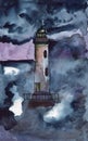 Hand drawn watercolor sketch with white lighthouse on the island. Night time. Natigation building. Stormy weather. Sea and ocean.