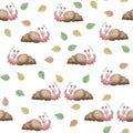 Hand-drawn watercolor snails, looking through a magnifier at foliage.Seamless pattern.