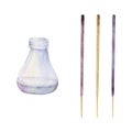 Hand drawn watercolor spa aromatherapy glass bottle and diffusor with incense sticks. Isolated object on white