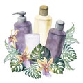 Hand drawn watercolor spa skincare bath beauty products package flowers. Horizontal composition Isolated on white