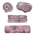 Hand drawn watercolor spa skincare bath towels folded and rolled, purple violet ochre. Isolated object on white