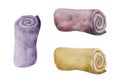 Hand drawn watercolor spa skincare bath towels folded and rolled, purple violet ochre. Isolated object on white