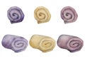Hand drawn watercolor spa skincare bath towels folded and rolled, purple violet ochre. Isolated object on white