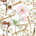 Hand drawn watercolor spinning wheel, spindle, cotton flowers, thread. Hobby handcraft Natural plant. Illustration Royalty Free Stock Photo