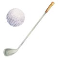 Hand drawn watercolor sports gear equipment, latex golf ball and club to play game and practice. Illustration isolated Royalty Free Stock Photo