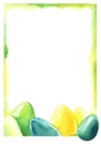 Hand drawn watercolor spring festive easter frame. Rectangular decorative element. Multicolored Easter eggs. Bright sunny colors