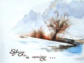 Hand drawn watercolor spring scenery illustration with a sign Royalty Free Stock Photo