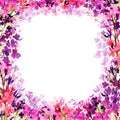 Hand drawn watercolor square frame with meadow small bright pink, lilac and violet flowers and translucent flower layer