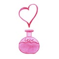 Hand drawn watercolor St Valentines Day print with pink hearts and glass container with elixir love on white background.