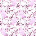 Hand drawn watercolor St Valentines Day seamless pattern with pink  hearts and birds on white background Royalty Free Stock Photo