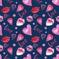 Hand drawn watercolor St Valentines Day seamless pattern with pink  hearts, lips ,gift, balls, love, gemstone on blue classic  bac Royalty Free Stock Photo