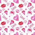 Hand drawn watercolor St Valentines Day seamless pattern with pink  hearts, lips ,gift, balls, love, gemstone on white background. Royalty Free Stock Photo