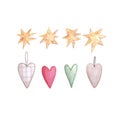 Hand drawn watercolor stars and hearts. Christmas illustration isolated on white background. Can be used for cards, label and Royalty Free Stock Photo