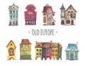 Set of old european houses watercolor hand drawn