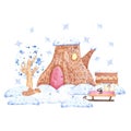 Hand drawn watercolor stump house in snowbanks. New Year illustration isolated on white background. Can be used for label,