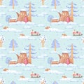 Hand drawn watercolor stump house in witer forest seamless pattern. New Year illustration isolated on blue background. Can be used