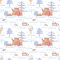Hand drawn watercolor stump house in witer forest seamless pattern. New Year illustration isolated on white background. Can be