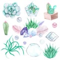 Hand drawn watercolor succulents, plant terrarium, feathers and crystals illustration, gemstone set isolated Royalty Free Stock Photo