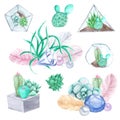 Hand drawn watercolor succulents, plant terrarium, feathers and crystals illustration, gemstone set isolated Royalty Free Stock Photo