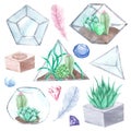 Hand drawn watercolor succulents, plant terrarium, feathers and crystals illustration, gemstone set on white background Royalty Free Stock Photo