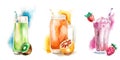 Fruit smoothies or milkshakes decorated with fruit isolated on white watercolor illustration Royalty Free Stock Photo