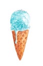 Hand drawn watercolor tasty blue Ice cream cone