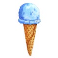 Hand drawn watercolor tasty blue ice cream waffle cone snack