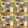 Hand drawn watercolor teaware tea lemon turkish glass crockery cinnamon french press. Seamless pattern isolated on white
