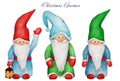 Hand drawn watercolor three Christmas gnomes with big beard and nose, waving hand, lantern. Isolated on white background. Happy Royalty Free Stock Photo