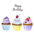 Hand drawn watercolor three cupcakes birthday card