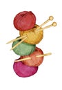 Hand drawn watercolor tower of colorful balls of yarn with knitting needles and crochet hook Royalty Free Stock Photo