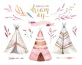 Hand drawn watercolor tribal teepee, isolated campsite tent. Boho America traditional native ornament wigwam. Indian