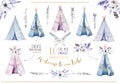 Hand drawn watercolor tribal teepee, isolated white campsite ten Royalty Free Stock Photo