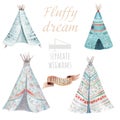 Hand drawn watercolor tribal teepee, isolated white campsite tent. Boho America traditional wigwam native ornament