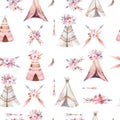 Hand drawn watercolor tribal teepee seamless pattern, Boho America traditional native ornament wigwam patterns. Indian Royalty Free Stock Photo