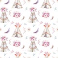 Hand drawn watercolor tribal teepee seamless pattern, Boho America traditional native ornament wigwam patterns. Indian