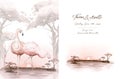 Hand drawn watercolor tropical flamingo birds wadding invitation background. Set of African flamingos. Exotic rose bird