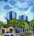 Hand drawn watercolor urban sketch. Business center. Cityscape. City and town architecture. Houses in the street. Blue sky and gre Royalty Free Stock Photo