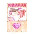 Hand drawn watercolor valentine kissing booth with a couple. St. Valentine's decorative element. lable, banner,
