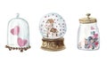 Hand drawn Watercolor Valentine`s day illustration set. Jar and snow globe with pink hearts