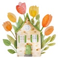 Hand-Drawn Watercolor Vector Illustration Of Cute Country House With Tulips