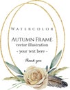 Hand drawn watercolor vector illustration. Double oval gold frames with rose, feather and leaves.