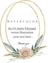 Hand drawn watercolor vector illustration. Double oval gold frames with rose, feather and leaves. Greenery