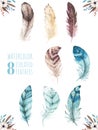 Hand drawn watercolor vibrant feather set. Boho style. illustration isolated on white. Bird fly feathers design for Royalty Free Stock Photo