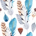 Hand drawn watercolor vibrant feathers seamless pattern Royalty Free Stock Photo