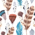 Hand drawn watercolor vibrant feathers seamless pattern Royalty Free Stock Photo