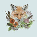 Hand drawn watercolor vintage illustration with fox head , flowers, leaves, feathers.