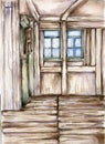 Hand drawn watercolor vintage style room. Isolated furniture for interior.